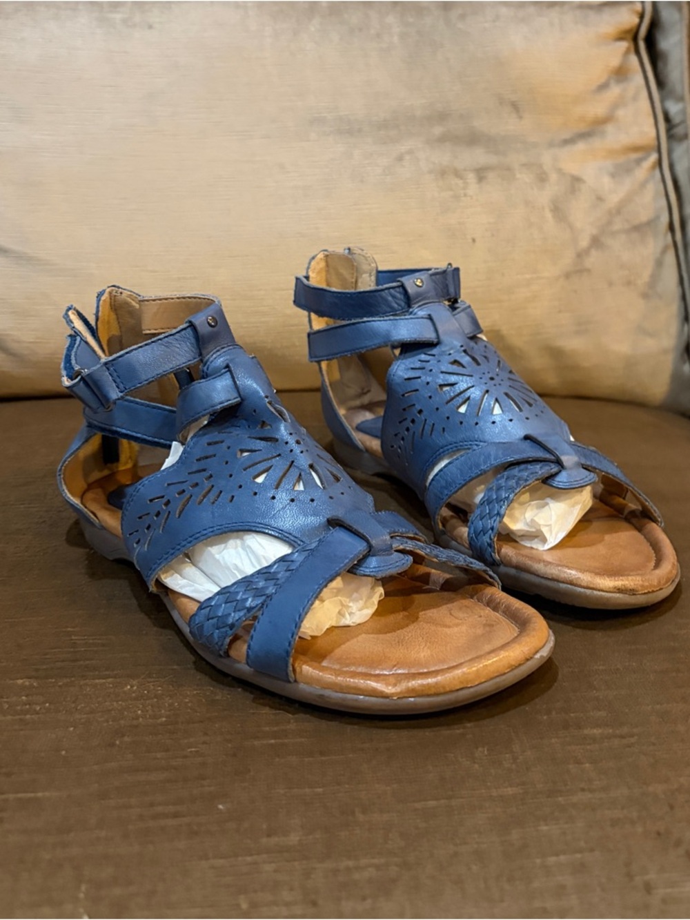 Earth Blue Laser-Cut Braided-Strap Sandals